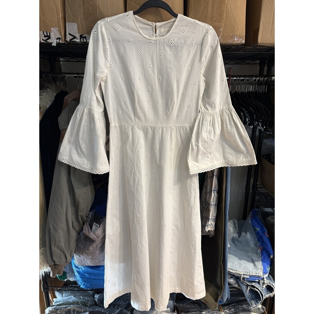 Doen Dress Womens XS White Eyelet Embroidered Cotton Bell Sleeve Midi Boho India - Picture 1 of 11